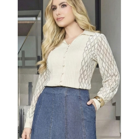 6463.10 CAMISA MANGA LONGA COM RENDA BOTONE - OFF WHITE 