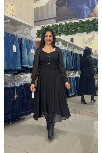 4850.84 VESTIDO MANGA LONGA COM FAIXA NA CINTURA - PRETO 