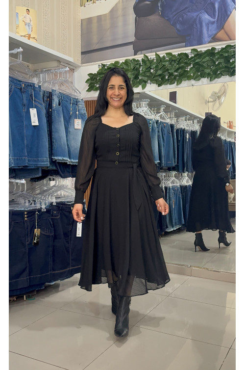 4850.84 VESTIDO MANGA LONGA COM FAIXA NA CINTURA - PRETO 